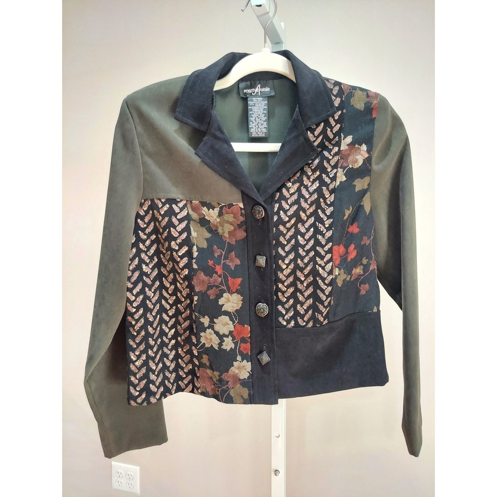 Positive Attitude Patchwork Jacket Olive Green Floral Faux Suede Size 4P Artsy
